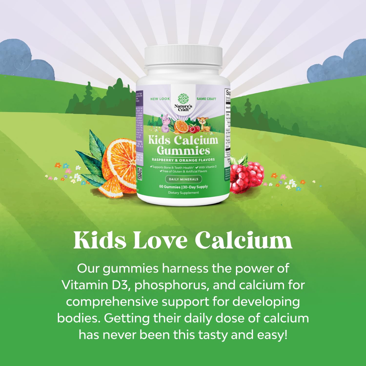 Natures Craft Tasty Kids Calcium Gummies - Vitamin D & Calcium Gummies for Children - Vitamin with & D for Muscle Bone Development Gelatin-Free Kosher Childrens 60ct (1 Pack)