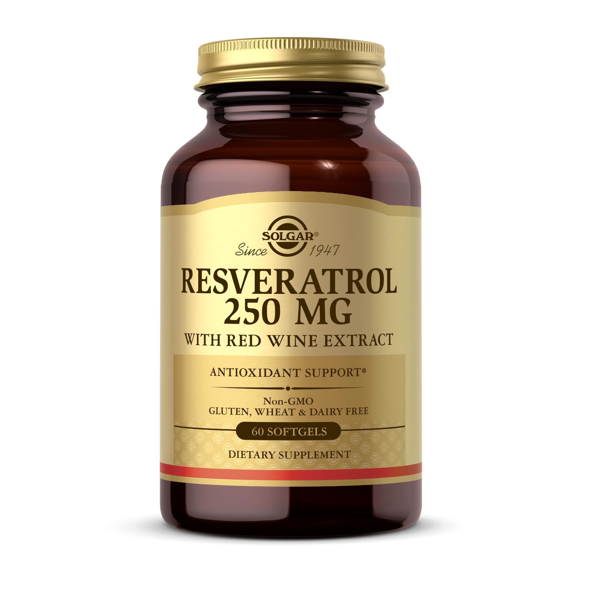 Solgar Resveratrol 250 mg with Red Wine Extract - 60 Softgels - Antioxidant Support - Non-GMO, Gluten Free, Dairy Free - 60 Servings