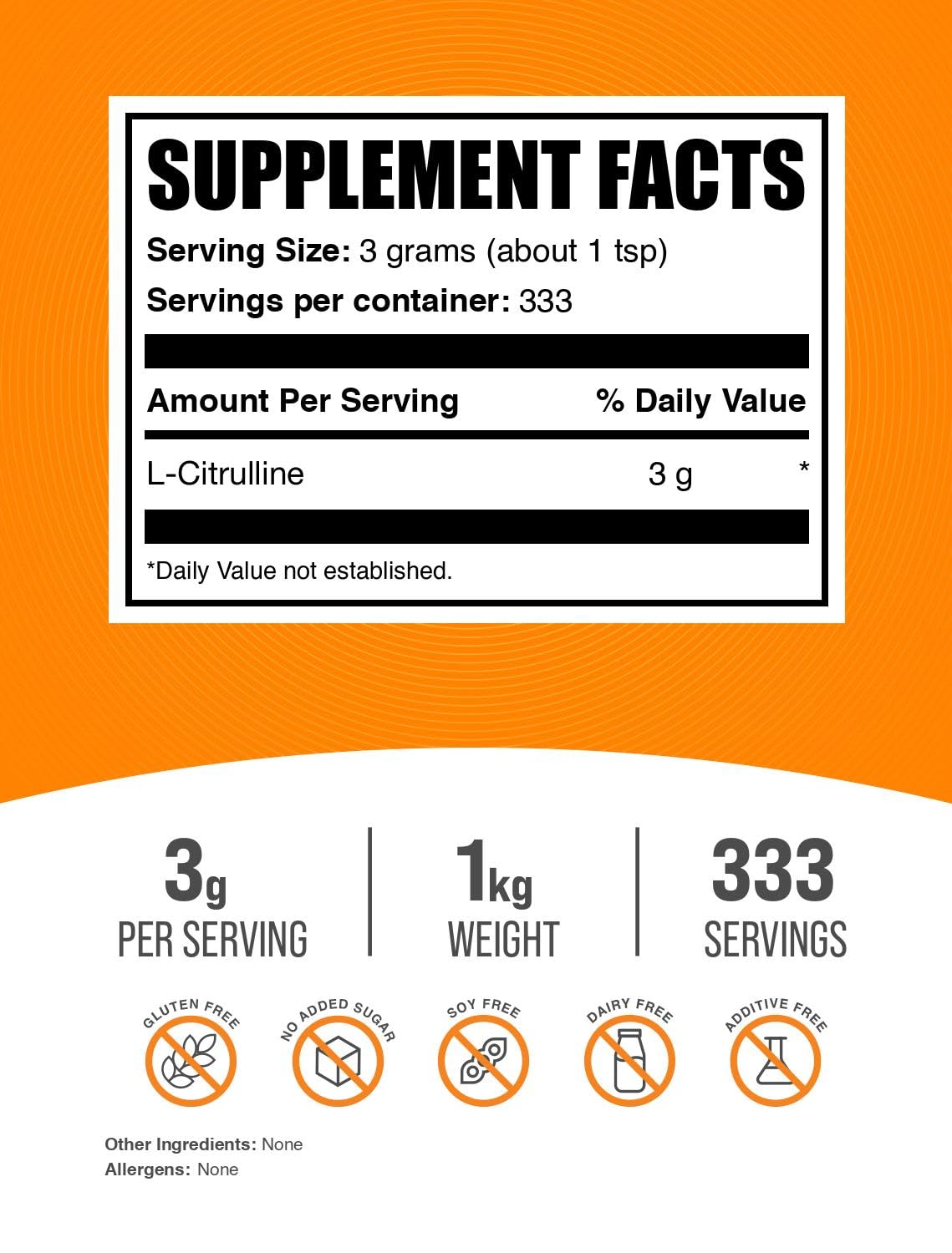 BulkSupplements.com L-Citrulline Powder - Citrulline Supplement, Citrulline Powder - L-Citrulline 3000mg, Unflavored & Gluten Free - 3g per Servings, 1kg (2.2 lbs) (Pack of 1)
