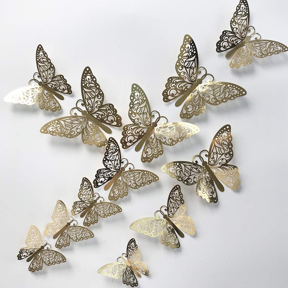 24Pcs Gold Silver Butterfly Wall Sticker Decal 3D Metallic Art Butterfly Mural Decoration DIY Flying Stickers for Kids Bedroom Home Party Nursery Classroom Offices Décor (Branches Gold 5)