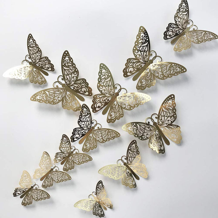 24Pcs Gold Silver Butterfly Wall Sticker Decal 3D Metallic Art Butterfly Mural Decoration DIY Flying Stickers for Kids Bedroom Home Party Nursery Classroom Offices Décor (Branches Gold 5)