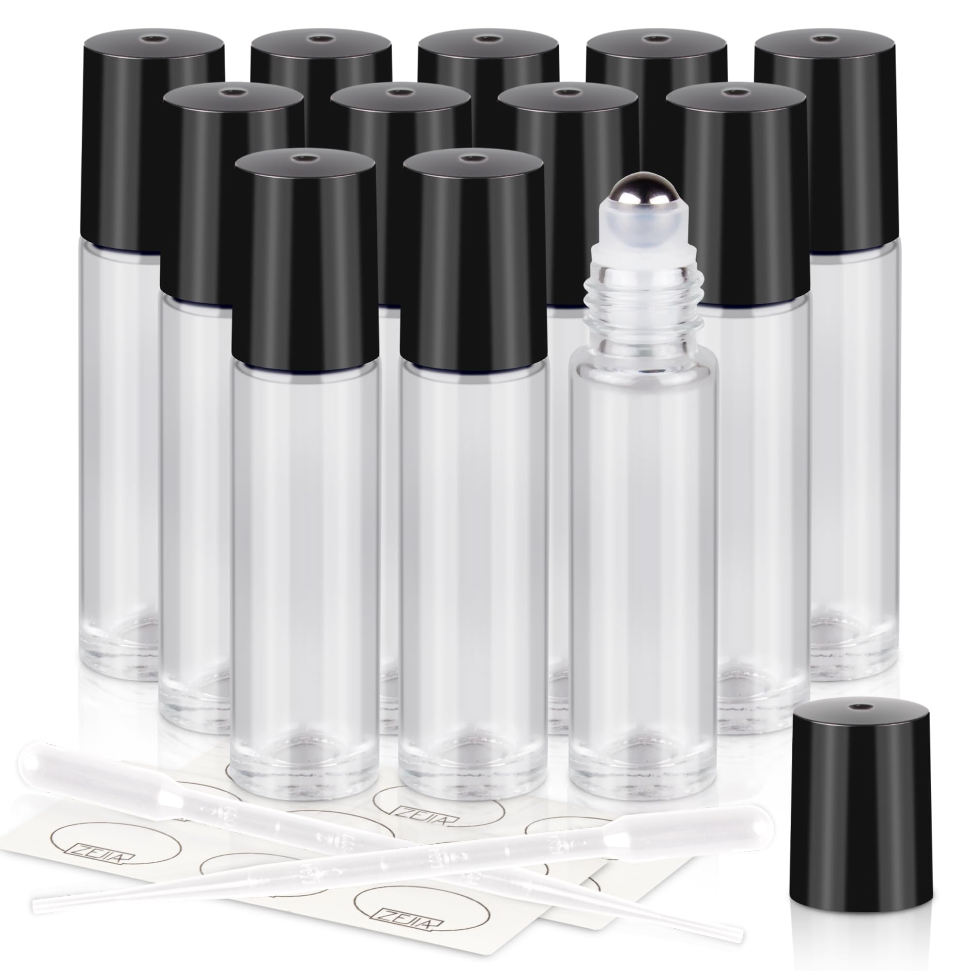 10ml Roller Bottles 12Pack Clear Thick Glass Essential Oil Roller Bottles Stainless Steel Roller Ball with 2 Droppers