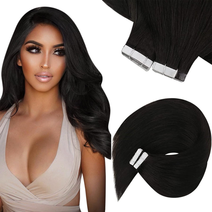 Sunny Tape in Hair Extensions Natural Black PU Tape in Human Hair Extensions Straight #1B Natural Black Glue in Human Hair Extensions Natural Black 50g 20pcs 14inch