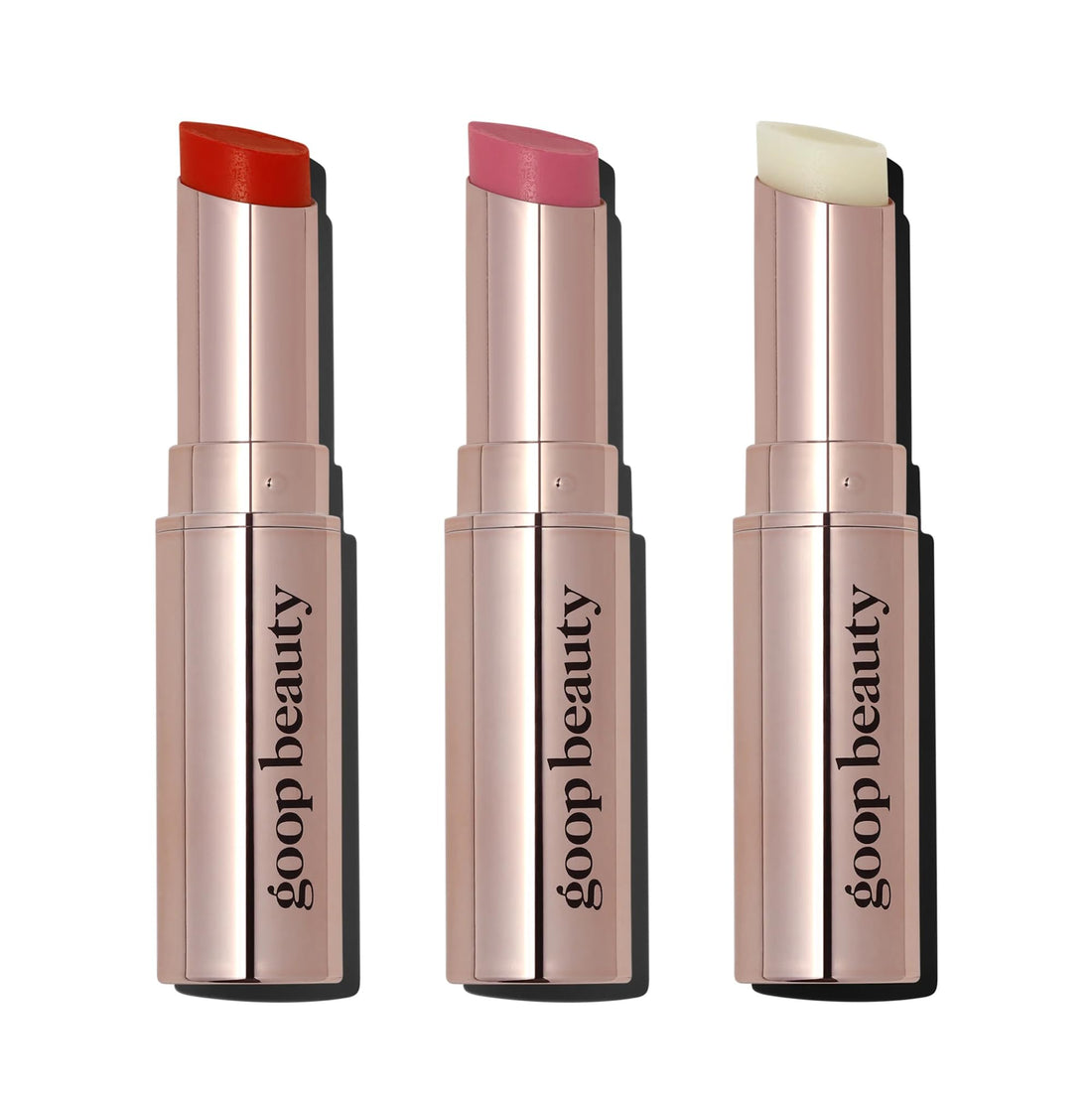 goop Beauty Lip Balm Trio | Clean Moisturizer for Chapped, Cracked & Dry Lips | Clear, Peony, & Tomato | Tinted for Sheer Color | Petroleum Free | 0.16 fl oz Each