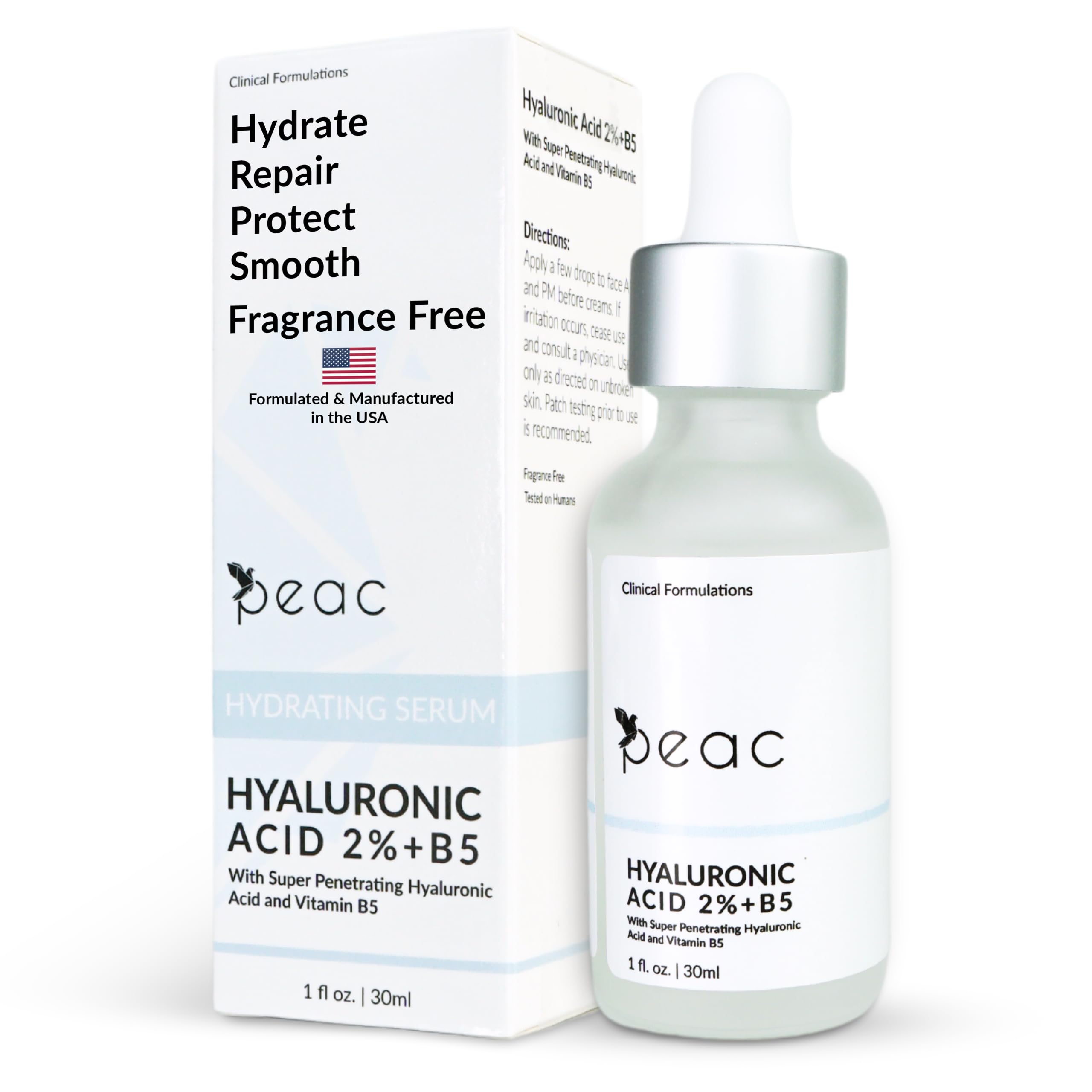 Hyaluronic Acid 2% + B5 Serum 30ml/1oz – USA Made - All Skin Types - Hyaluronic Acid Serum for Face – Hydrating, Plumping & Lightweight – Fragrance Free Skincare – Moisturizing Face Serum for Women