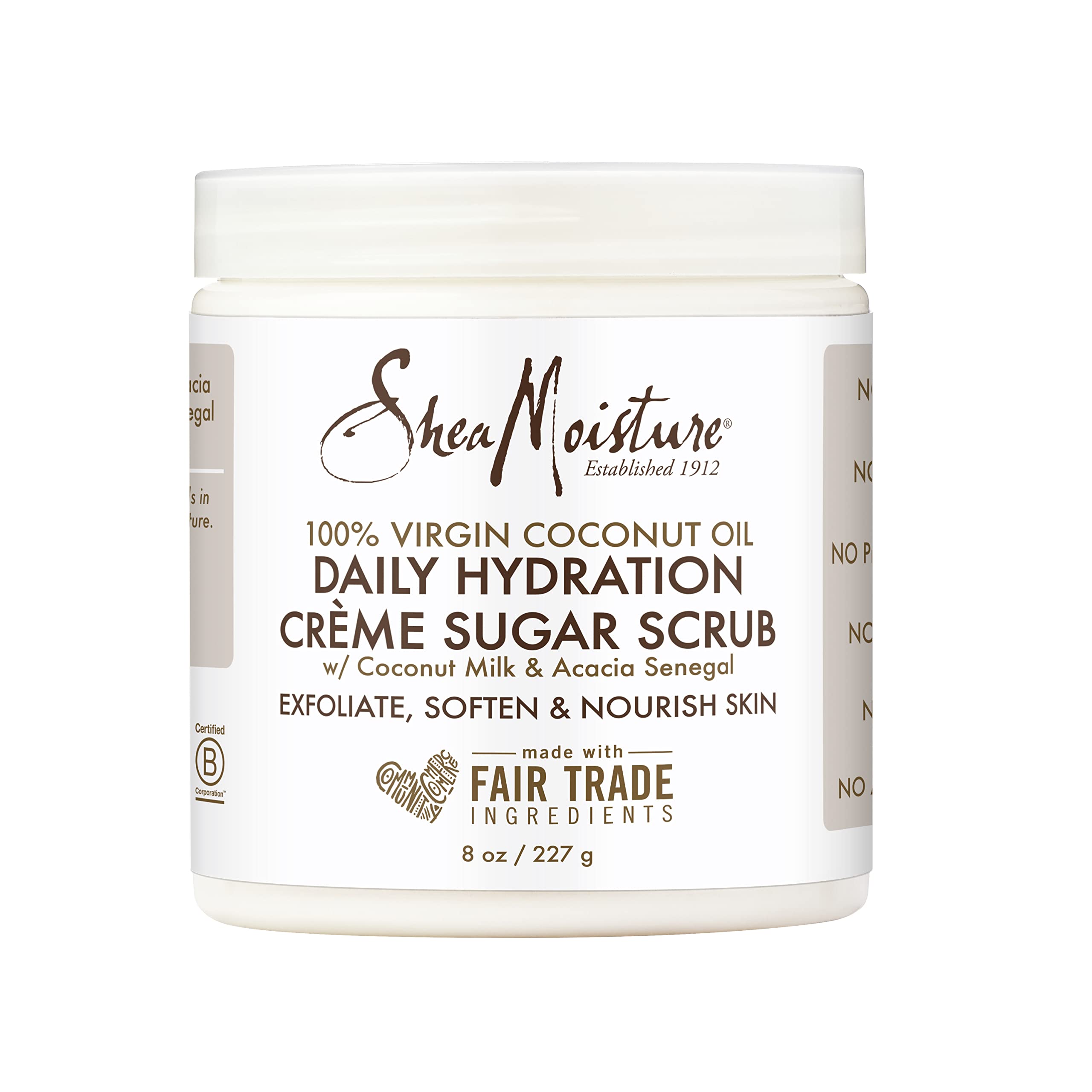 Shea Moisture Skin Care, Daily Hydration Crème Sugar Scrub with Virgin Coconut Oil, Coconut Milk & Acacia Senegal, Gluten Free Exfoliating Body Scrub, Soften & Nourish Skin, 8 Oz.