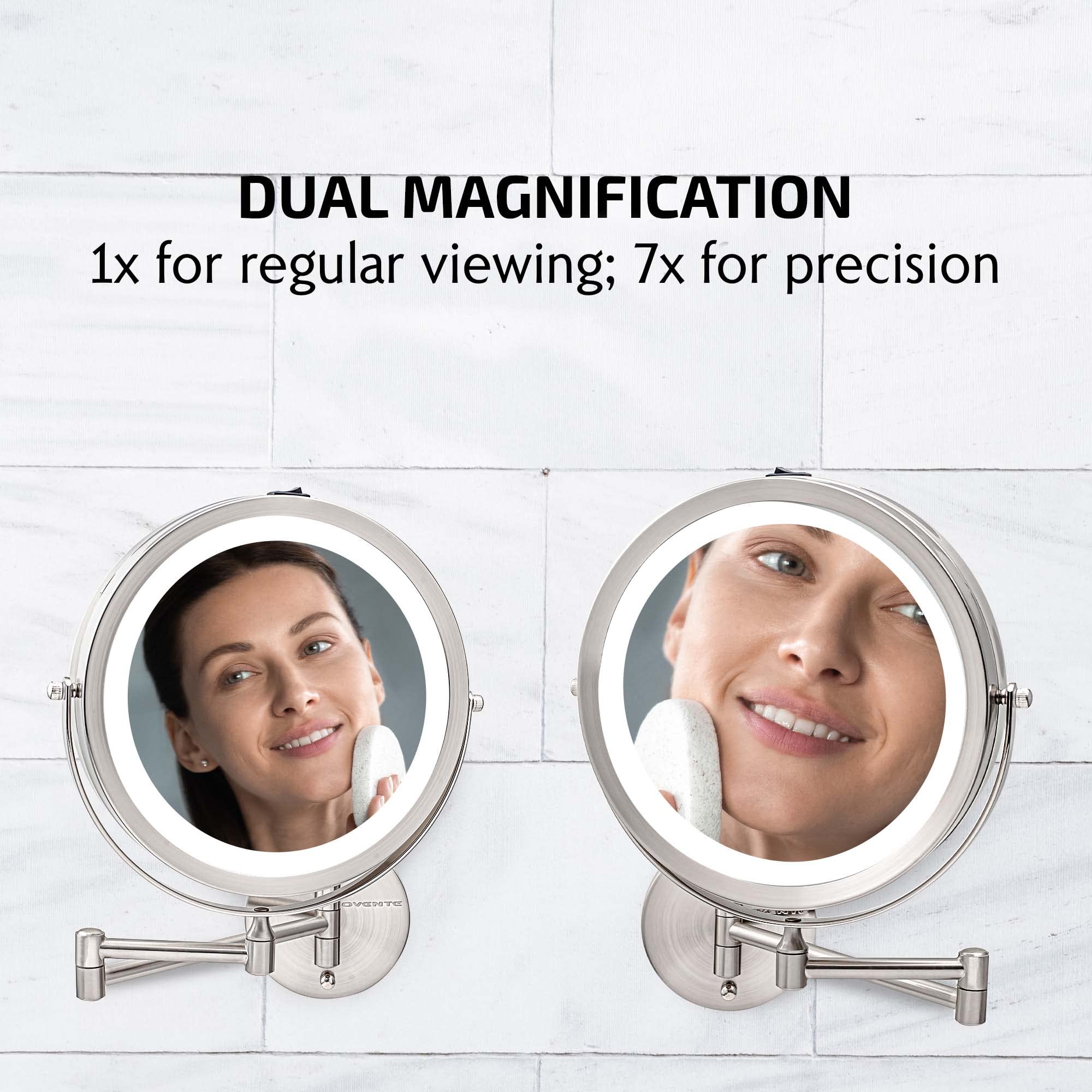 OVENTE 9 Lighted Wall Mount Makeup Mirror with 1X/7X Magnification, Cordless Double Sided Magnifying Round Vanity Mirror, 360° Swivel Design, Extendable and Folding Arm, Nickel Brushed MFW85BR1X7X