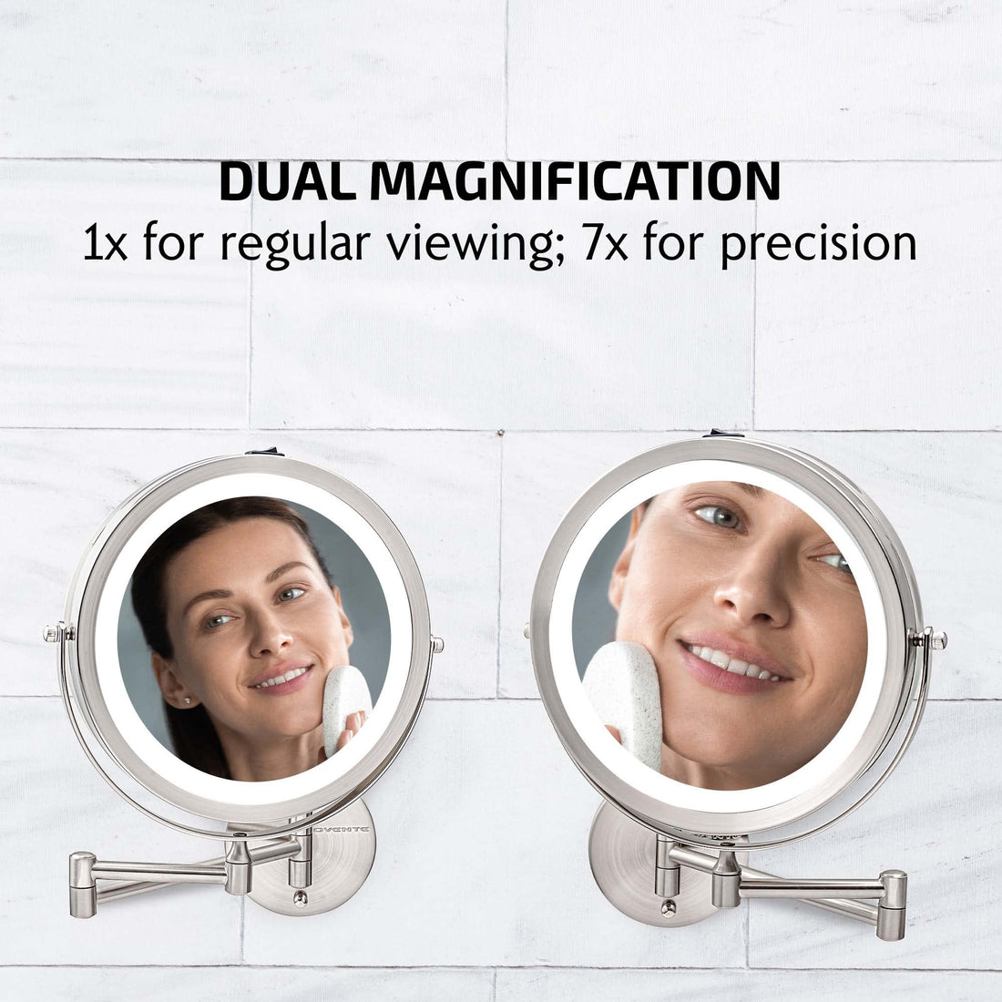 OVENTE 9 Lighted Wall Mount Makeup Mirror with 1X/7X Magnification, Cordless Double Sided Magnifying Round Vanity Mirror, 360° Swivel Design, Extendable and Folding Arm, Nickel Brushed MFW85BR1X7X