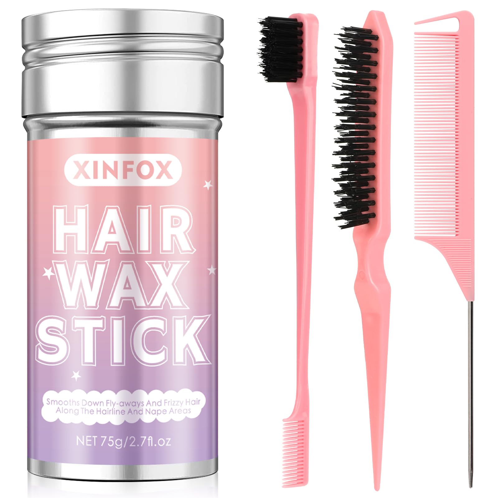 Xinfox Hair Wax Stick, Slick Back Hair Brush, Wax Stick for Flyaways, Rat Tail Comb Edge Brush Styling Tool Set Accessories for Women Girls(Pink)