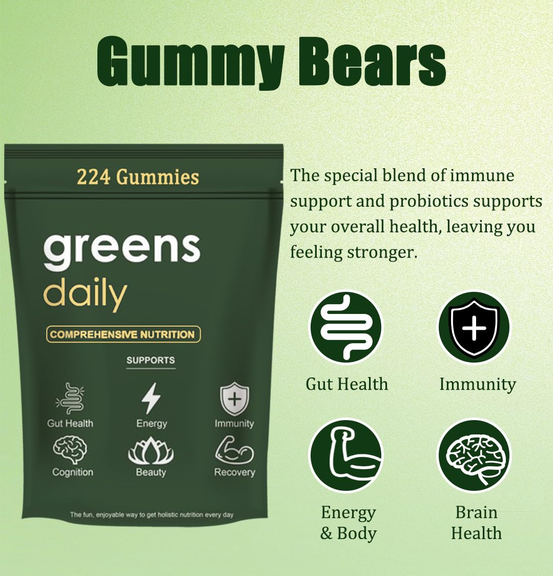 Greens Gummies - Organic Chlorella and Spirulina, Digestive & Gut Health, Formulated with 60+ Ingredients, Multi-Vitamins & Minerals, Daily Gummies, 224 Gummies Bear
