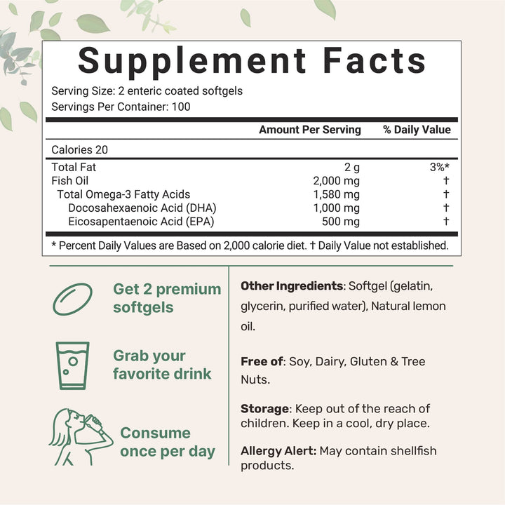 Omega 3 Fish Oil DHA Supplements 1000mg with EPA 500mg, 200 Softgels – Lemon Flavored, Burpless (Enteric Coated) | Deep Sea Fresh Fish, Wild Caught from Norwegian Waters | Mercury Free