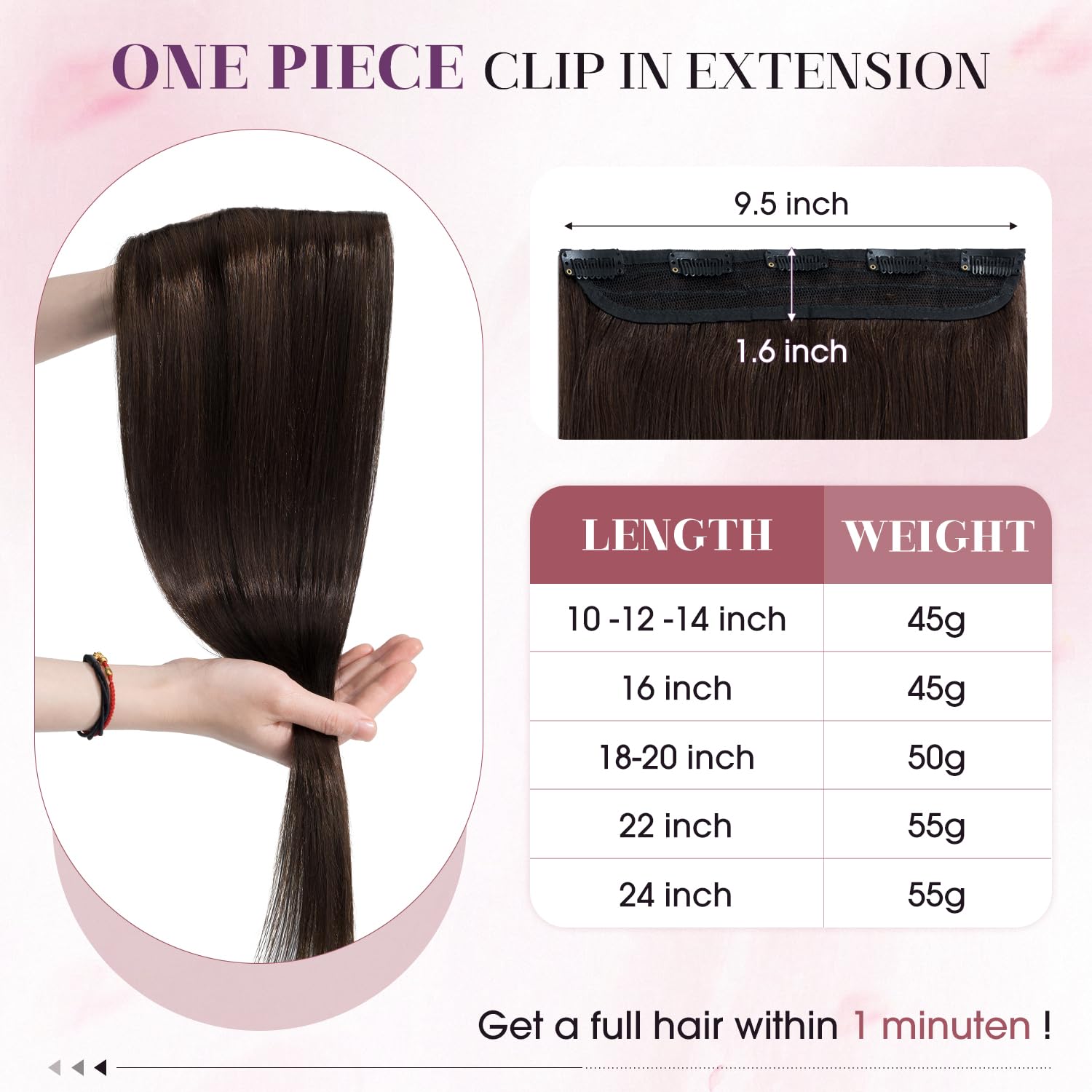 S-noilite 22inch Clip in Human Hair Extensions One Piece 5 Clips 3/4 Full Head Soft Silky Clip on Remy Hair For Women Gift 55g #2 Dark Brown
