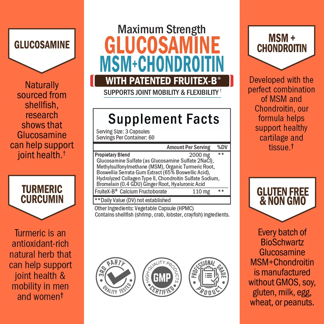 Glucosamine Chondroitin MSM Triple Strength Joint Support Supplement with Collagen Peptides, Turmeric and Ginger, Hyaluronic Acid, Glucosamine Chondroitin Sulfate - Gluten Free, Non GMO, 180 Capsules