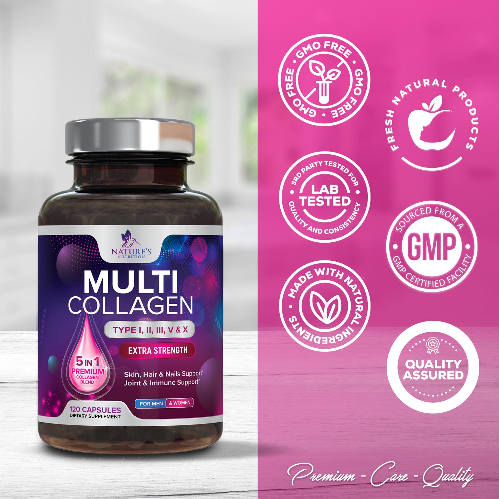 Collagen Peptides for Women & Men - Type I, II, III, V, X Multi Collagen Pills, Hydrolyzed Collagen Peptides Supplements, Nature's Hair, Skin, Nail, and Joint Support Supplement, Non-GMO, 120 Capsules