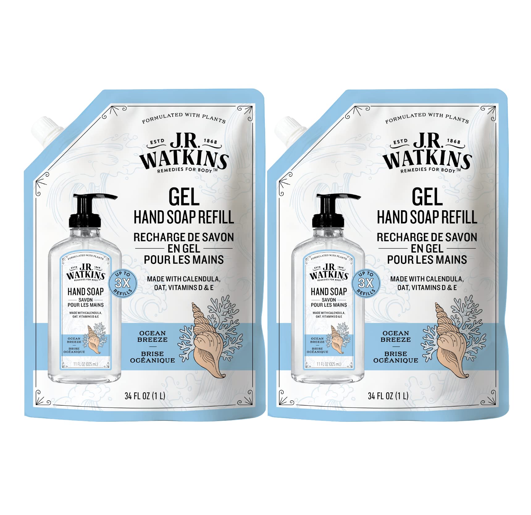 JR Watkins Liquid Hand Soap Refill Pouch, Ocean Breeze, 2 Pack, Scented Liquid Hand Wash for Bathroom orÃ‚ Kitchen, USA Made and Cruelty Free, 34 fl oz