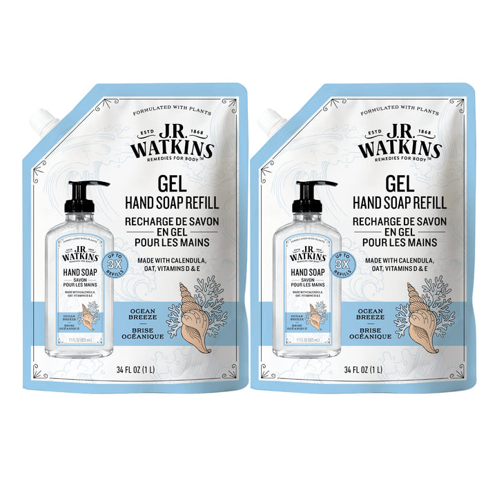 JR Watkins Liquid Hand Soap Refill Pouch, Ocean Breeze, 2 Pack, Scented Liquid Hand Wash for Bathroom orÃ‚ Kitchen, USA Made and Cruelty Free, 34 fl oz