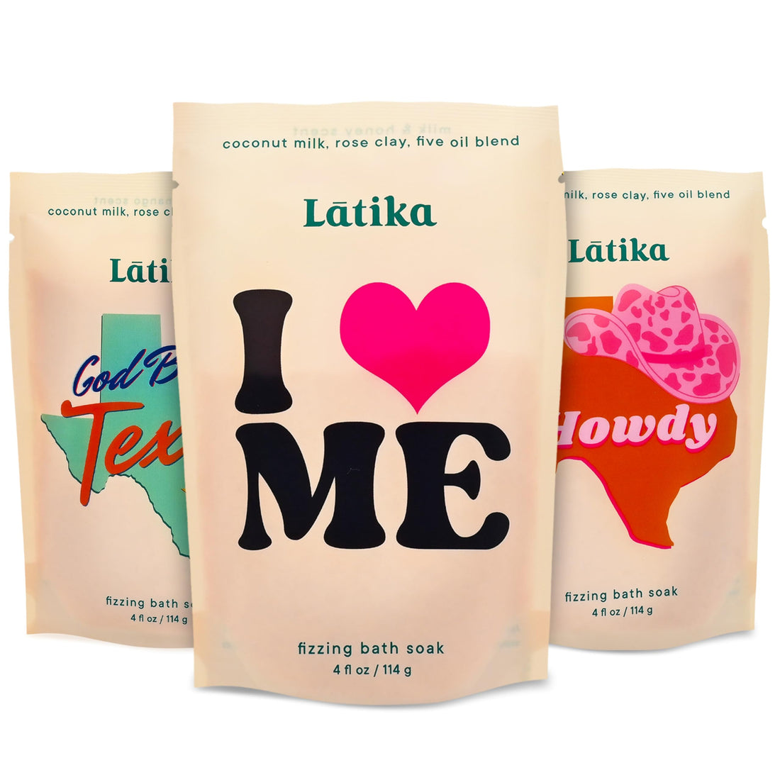 Latika Bath Soaks Set of 3 - Texas, Howdy, I Heart Me - Moisturizing Fizzing Bath Soak for Stress Relief & Muscle Recovery with Essential Oils, Epsom Salt & Natural Scents - Self-Care Spa Gift