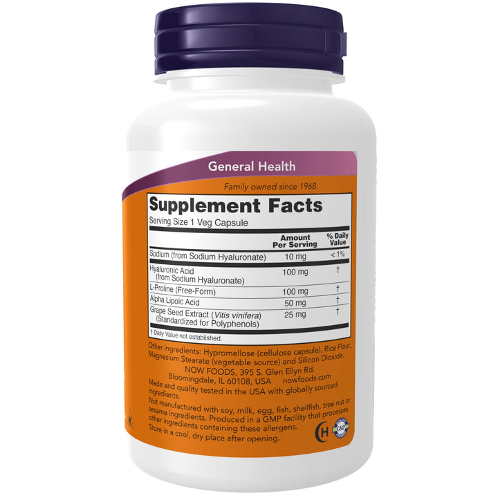 NOW Foods Supplements, Hyaluronic Acid 100 mg, Double Strength with L-Proline, Alpha Lipoic Acid and Grape Seed Extract, 120 Veg Capsules