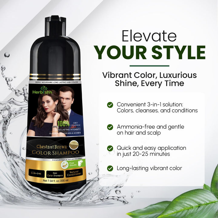 Herbishh Chestnut Brown Shampoo, Hair Dye Shampoo 3 in 1, 100% Grey Coverage, Demi-Permanent Hair Color for Men & Women, Long-lasting Color in 20-25 Mins, Ammonia-free, 200 ml