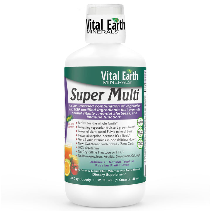 Vital Earth Minerals Super Multi – Liquid Multivitamins for Women, Men & Kids, Liquid Vitamins with Fulvic Acid for Better Absorption, MTHFR Support, 32 Oz + 1 Oz Cup