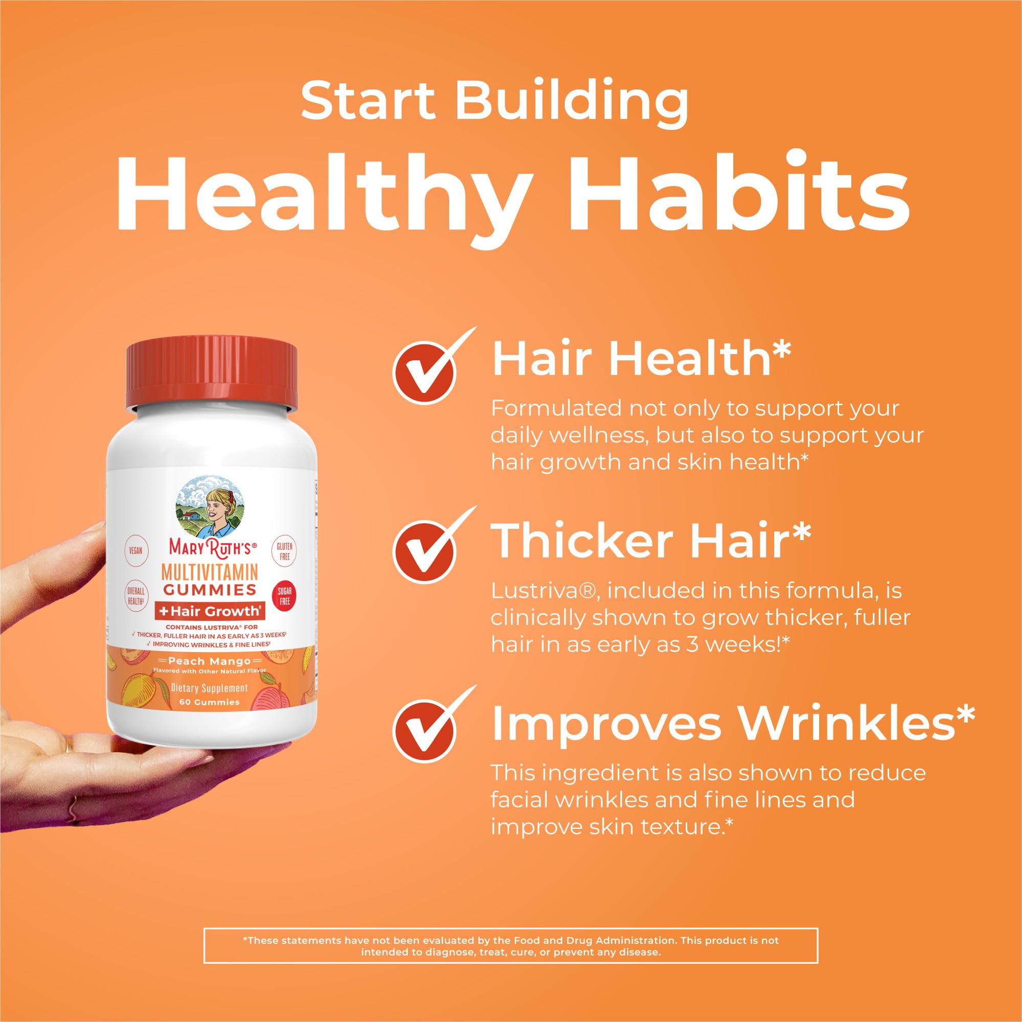 MaryRuth's Multivitamin + Hair Growth Gummies | with Lustriva® | Biotin 10000mcg | B Vitamins | Formulated for Thicker Hair, Wrinkles, Fine Lines, Skin Care | Ages 18+ | 30 Servings
