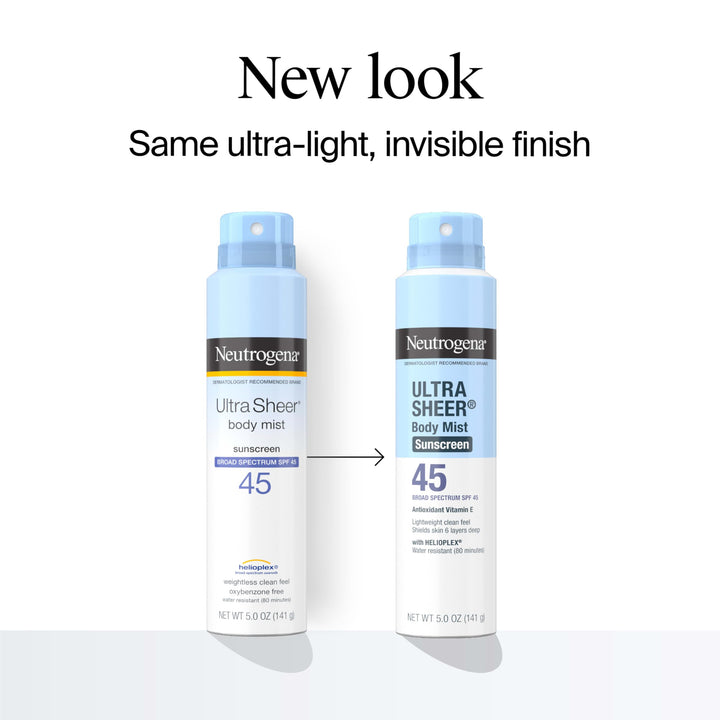 Neutrogena Ultra Sheer Body Mist Sunscreen Spray, Broad Spectrum SPF 45, Lightweight Spray Sunscreen, Non-Greasy & Water Resistant, Oil-Free & Non-Comedogenic UVA/UVB, 5 oz Pack of 3