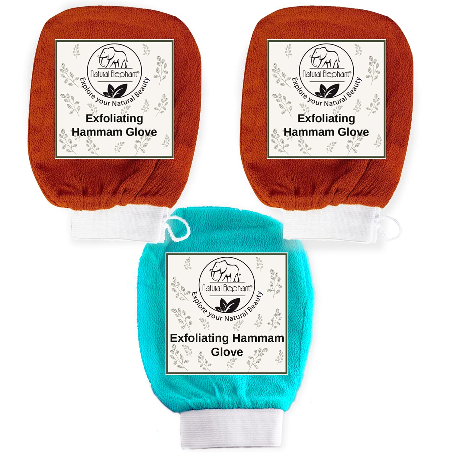 Natural Elephant Exfoliating Hammam Glove (2 Orange and 1 Teal (Pack of 3))