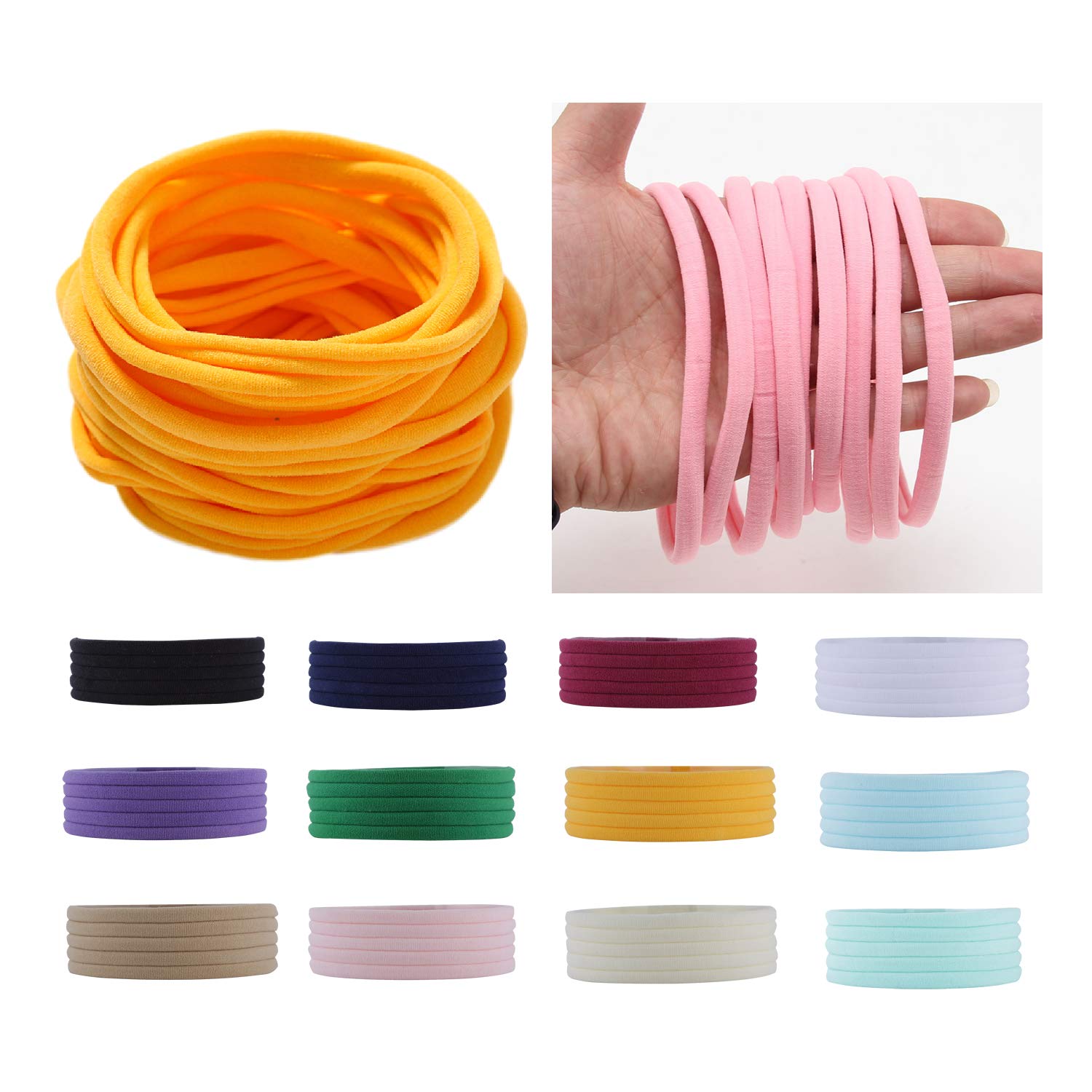 Lawie 60 Pack Bulk Super Soft Stretchy Elastic Nylon Headbands Bow Nude Hairband Slim Turban Headwrap Hair Ties Ponytail Holder for Newborn Infant Toddler Baby Girls