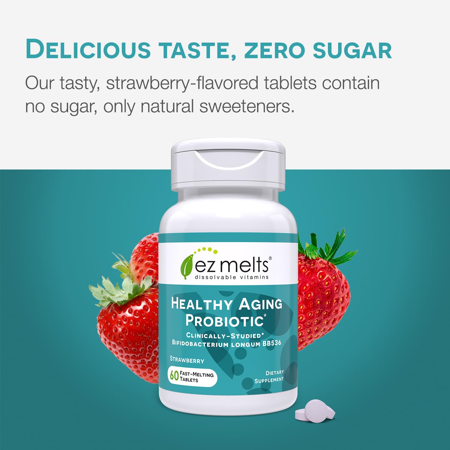 EZ Melts Dissolvable Healthy Aging Probiotic, Bifidobacterium Longum BB536 (2 Billion CFU), Sugar-Free, Probiotics for Women and Men 50+, 2-Month Supply