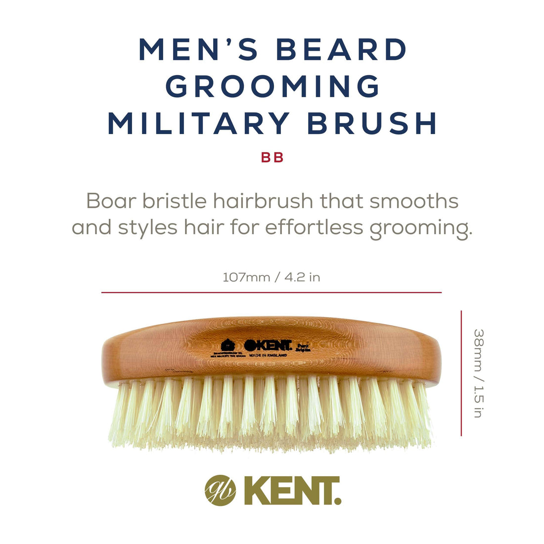 Kent BB Finest Men's Beard Brush - Beechwood Oval-Shaped Palm Grip With Durable and Sophisticated Pure White Boar Bristles Perfect Gift For Men, Unparalleled Craftsmanship, Made In The UK.