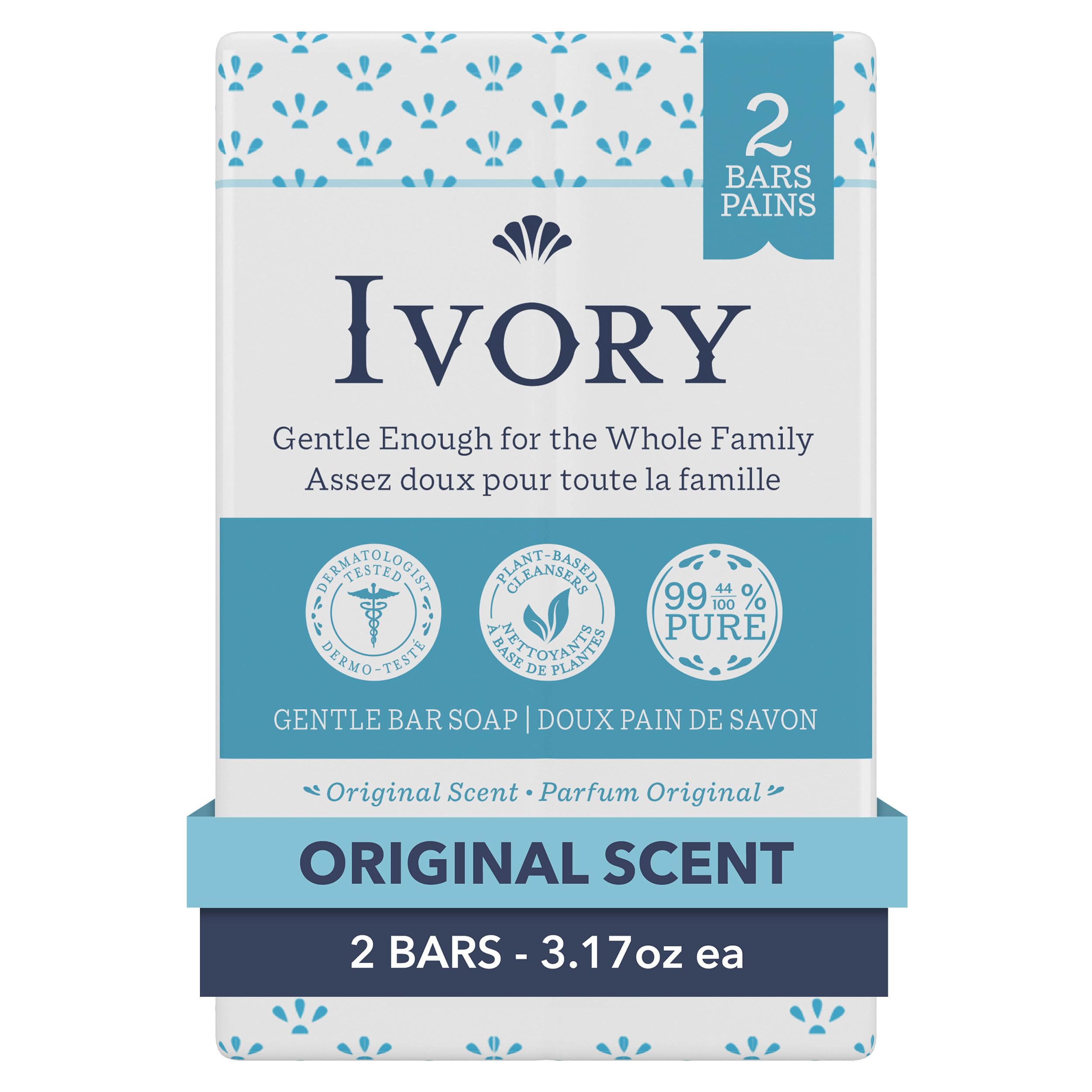 Ivory Gentle Bath Bar Soap, Designed for Whole Family, 99.44% Pure Formula with Plant-Based Cleansers, Made Without Heavy Perfumes, Parabens or Phthalates, Original Scent, 3.17 oz (2 Count)