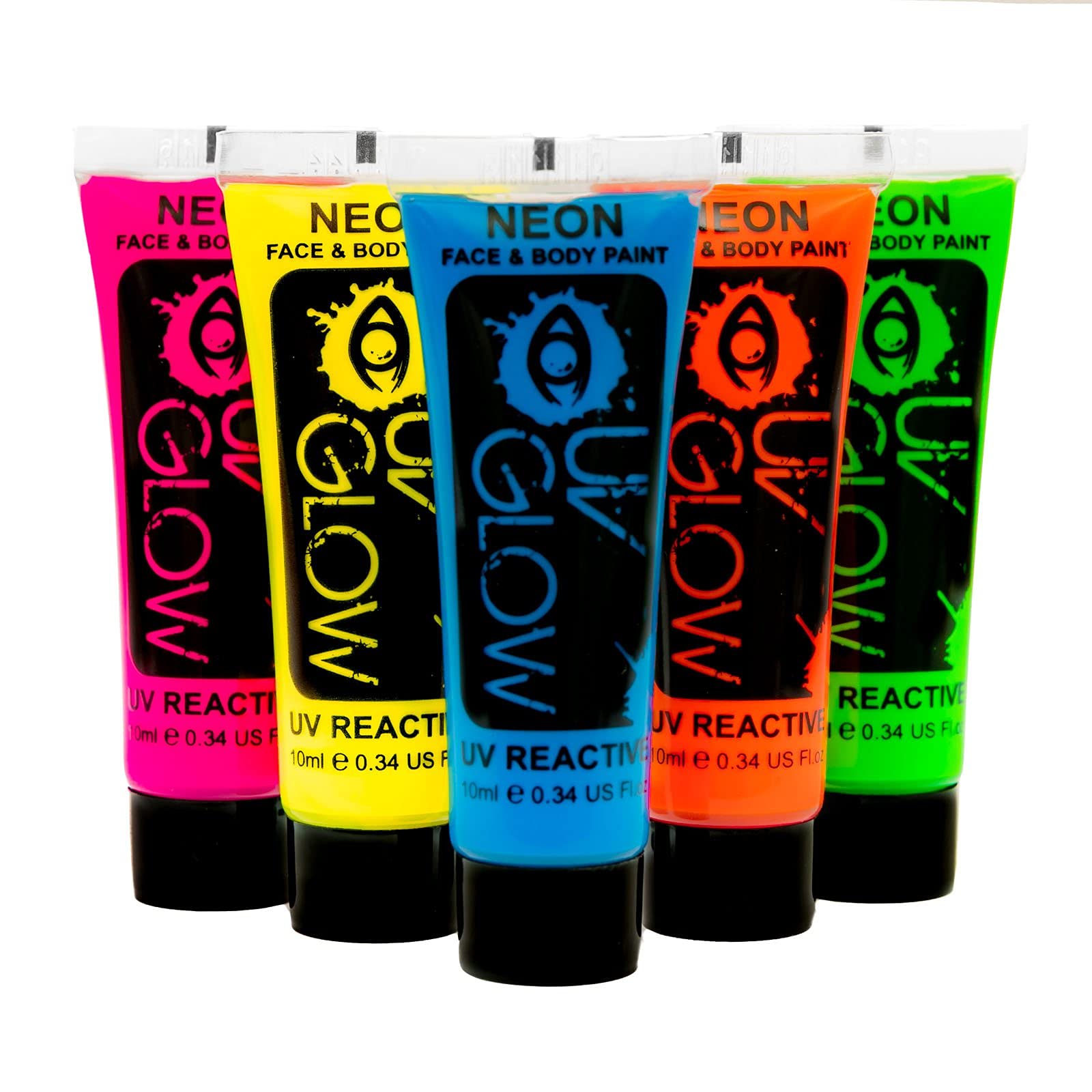 UV Glow Blacklight Neon Face & Body Paint - 10ml NEON SET of 5 - Fluorescent & Super Bright