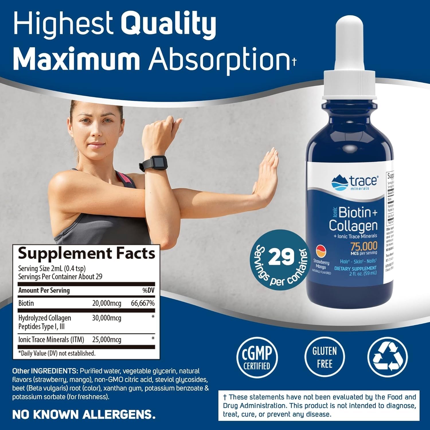 Trace Minerals Ionic Biotin Plus Collagen - High-Potency Supplement Supports Healthy Hair Growth & Skin - Biotin & Collagen Supplement Aids Healthy & Strong Joints - Strawberry Mango, 2 fl oz