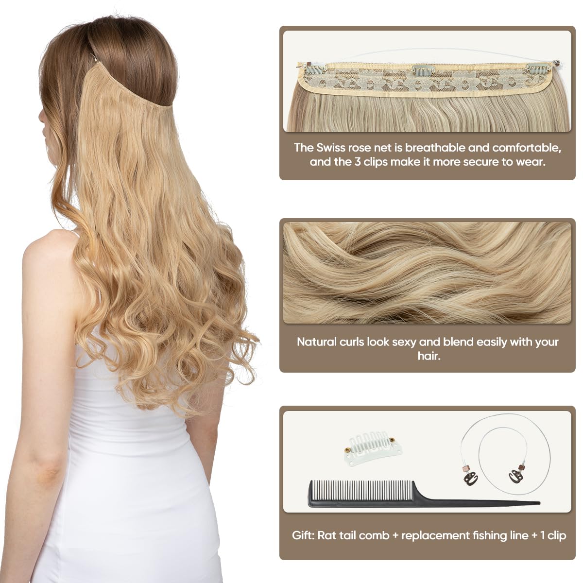 SARLA Invisible Wire Hair Extensions with 3 Clips Synthetic Wavy Curly Hairpiece Adjustable Transparent Headband for Women 16 Inch Dark Brown/Golden Blonde Highlights