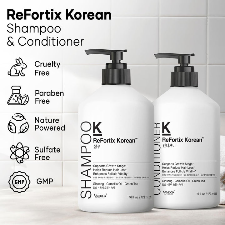 VANIDOX ReFortix Korean Shampoo and Conditioner Set, Enriched with Ginseng, Green Tea, and Camellia Oil, Supports Growth Stage and Helps Reduce Hair Loss for Stronger Hair (16 fl oz each)