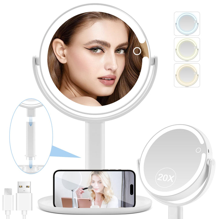 MIYADIVA Lighted Makeup Mirror, Type-C Rechargeable 20X Magnifying Mirror, 2-Sided Vanity Mirror with 3 Adjustable Lighting Modes, Focus on Detailed Makeup, Bathroom, Travel, Gift for Women White