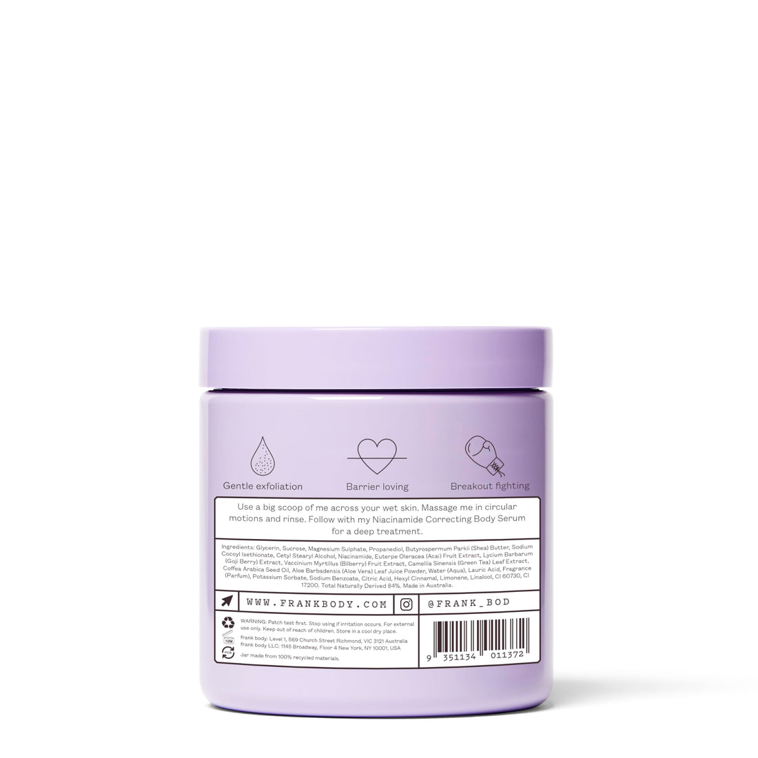 Frank Body Niacinamide Body Scrub | Vegan, Cruelty Free, Gentle Exfoliating Body Scrub | Helps to Fight Breakouts and Dryness with Niacinamide, Superfood Berry Extracts, & Green Tea | 8.82 oz / 250 g