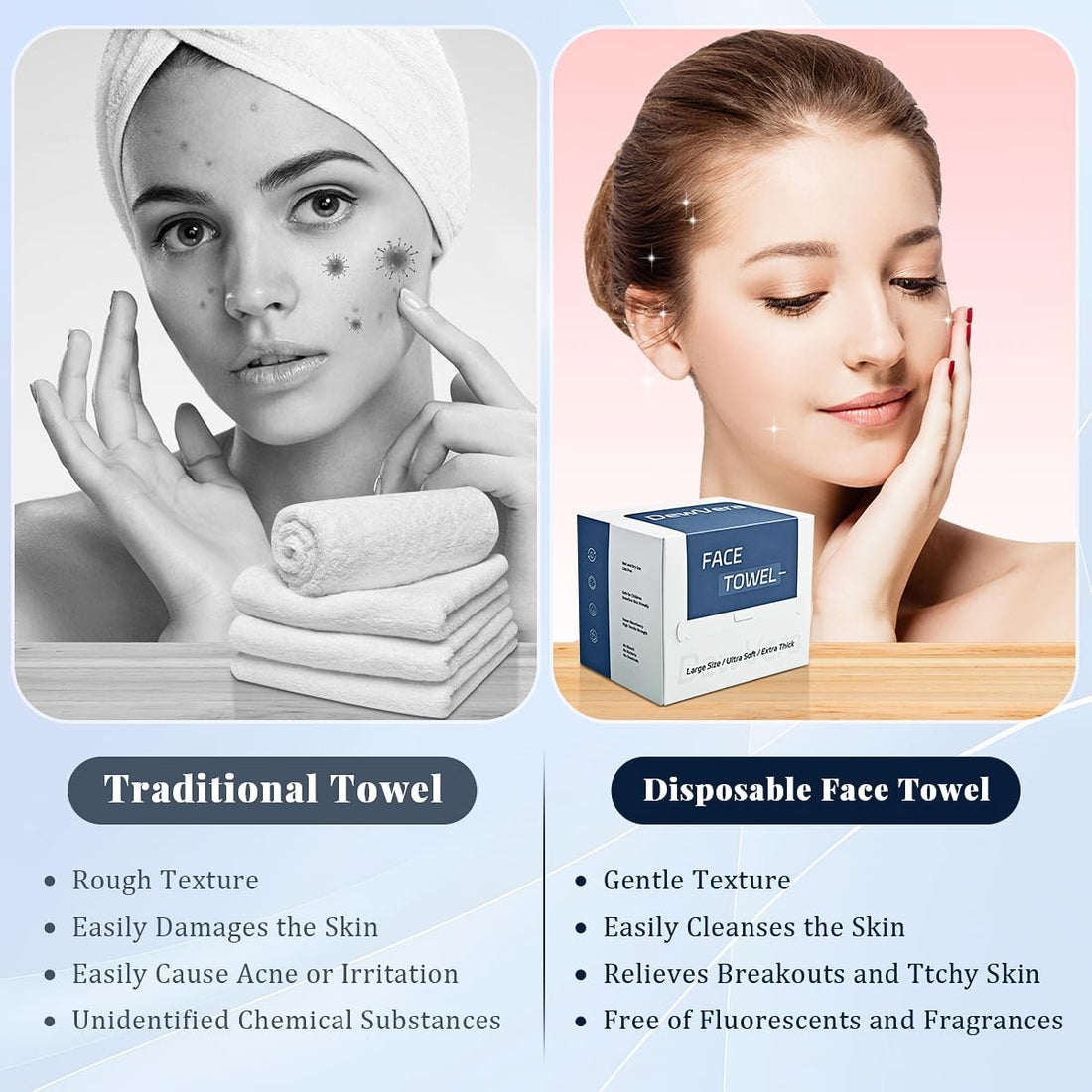 DewVera Disposable Face Towel, 10×12 Ultra Soft Thick Face Wipes Paper Towels, Lint-Free Single Use Washcloth Makeup Remover Dry Wipes Towelette Face Cloth For Sensitive Skin Cleaning, 50 Ct 1 Pack