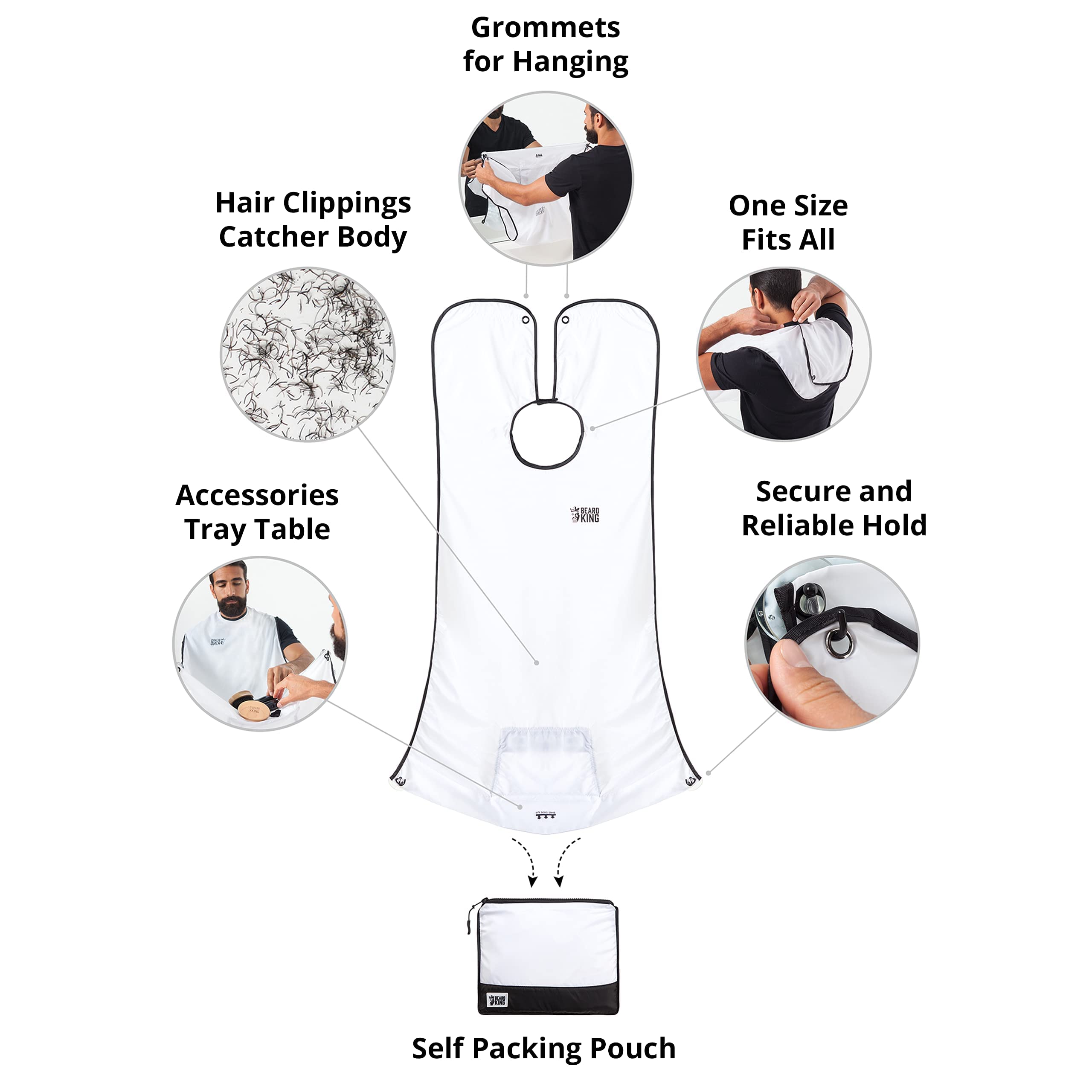 Beard King Beard Bib Apron - Shaving Set for Dad - As Seen on Shark Tank - Men's Hair Catcher for Shaving - Grooming Accessories - Packing Pouch, White
