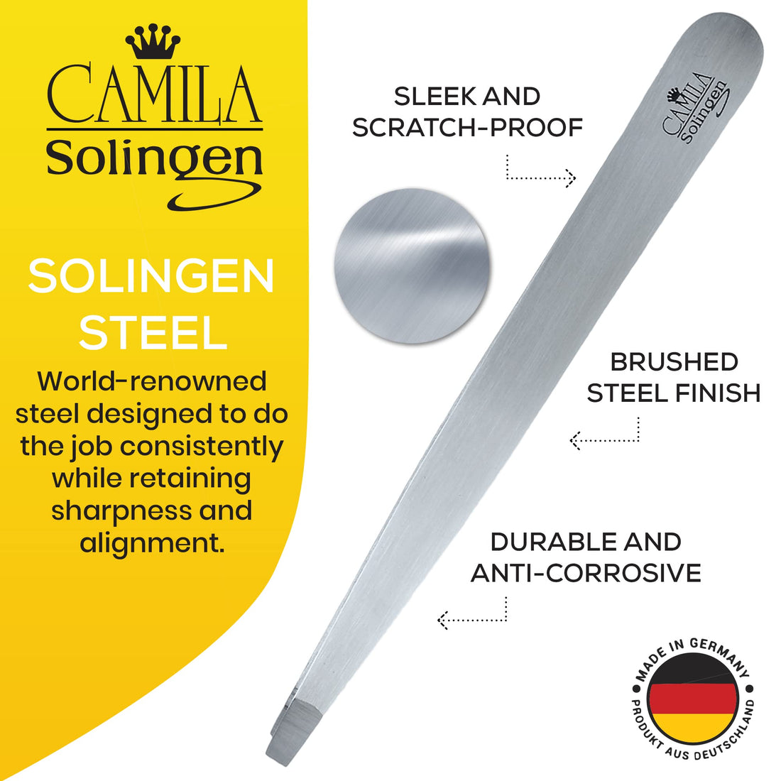 Camila Solingen CS26 4 Professional Surgical Grade Stainless Steel Precision Tip Eyebrow Tweezers for Facial Hair Shaping & Removal. Beauty Tool for Men/Women. Made in Solingen Germany (Straight)