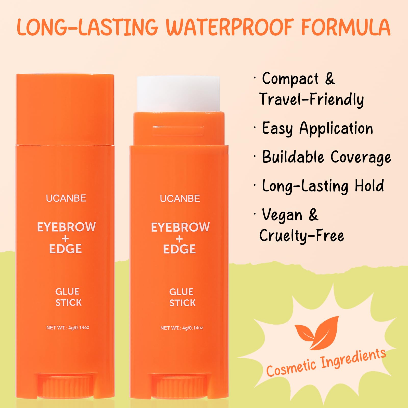 UCANBE 2-IN-1 Eyebrow & Edge Glue Stick,Waterproof Clear Brow Gel, Transfer-Proof, Extreme Hold, Quick-Dry, Lightweight for Styling, Fixing Baby Hair & Makeup