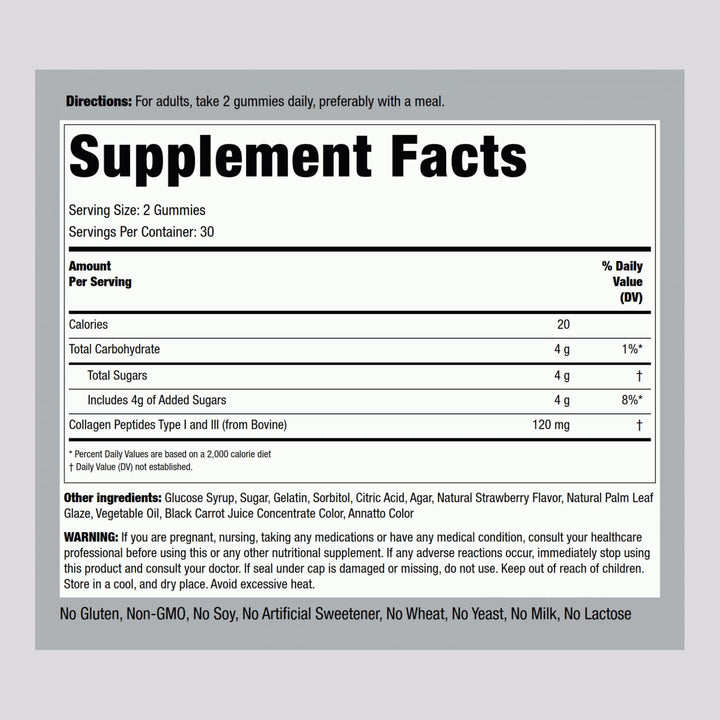 Piping Rock Collagen Gummies | 60 Count | Collagen Peptides Type 1 and 3 | Strawberry Flavor | Bovine Supplement | Non-GMO, Gluten Free