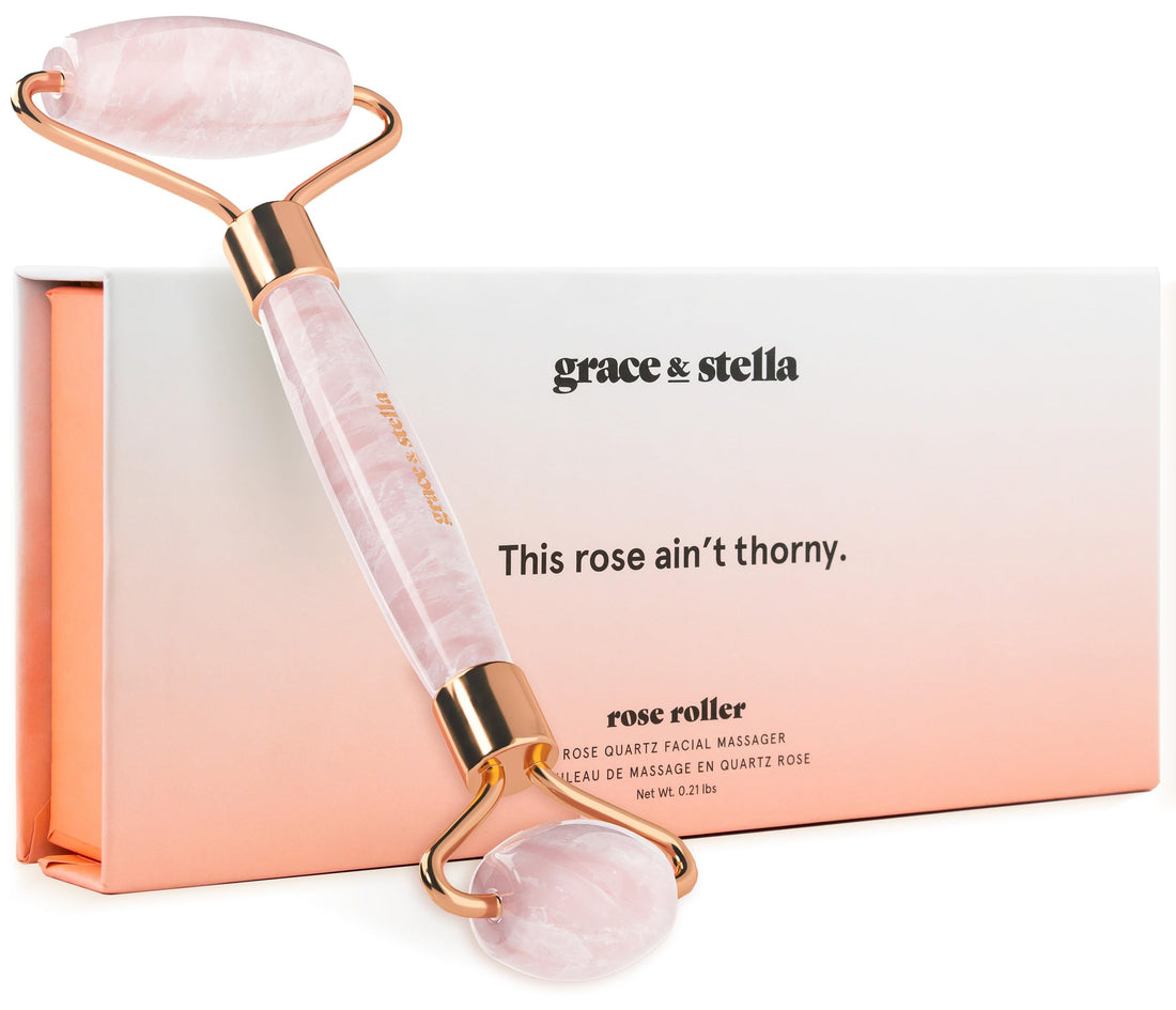 Grace & Stella Rose Quartz Jade Face Roller - Stone Face Massager and Lymphatic Drainage Tool | Eliminate Toxins & Reduce Puffiness