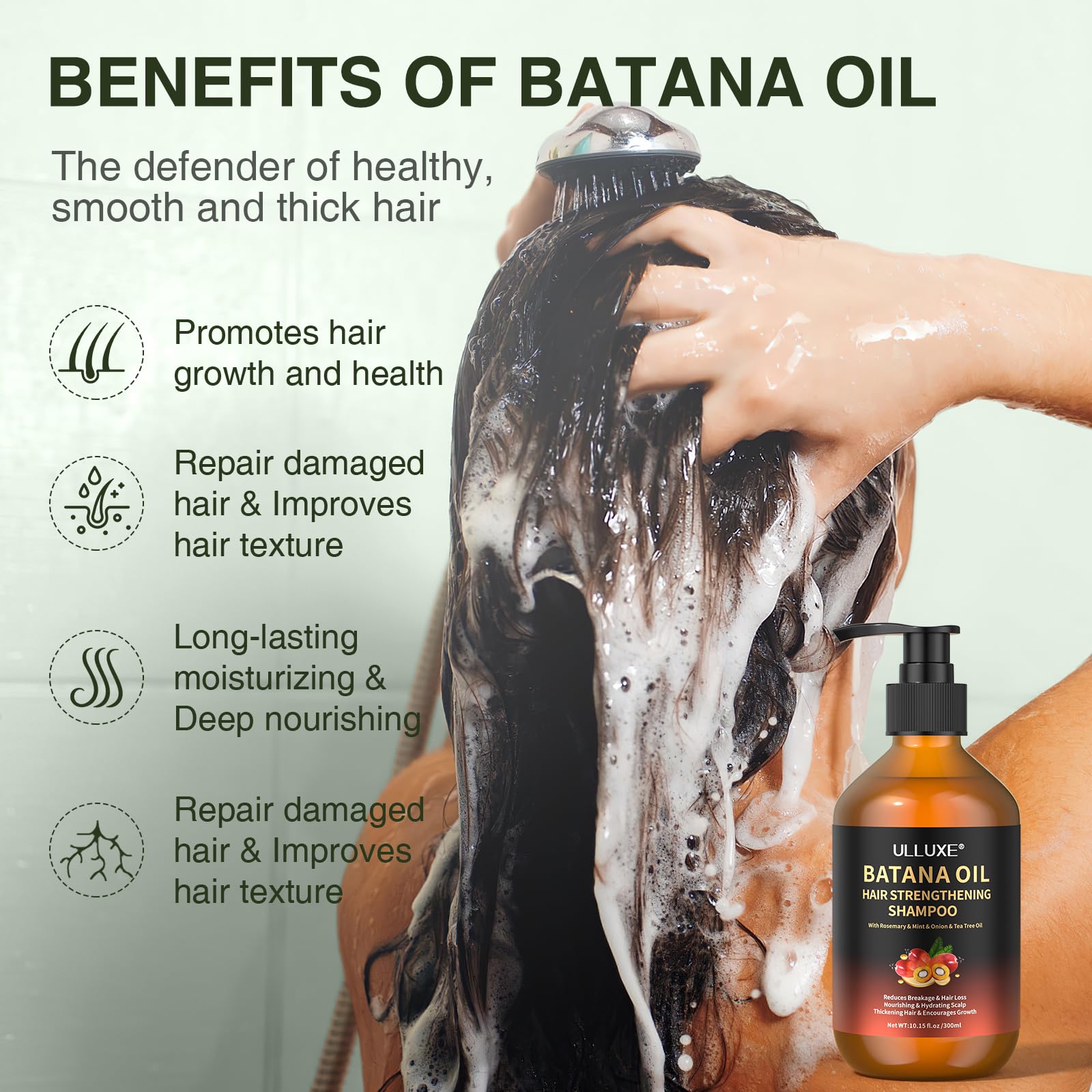 Batana Oil Hair Growth Shampoo, Thinning Hair & Hair Loss Shampoo with Rosemary & Tea Tree Oil, Strengthening & Thickening Formula for Women & Men, for All Hair Types, Sulfate Free, 10.15 fl oz