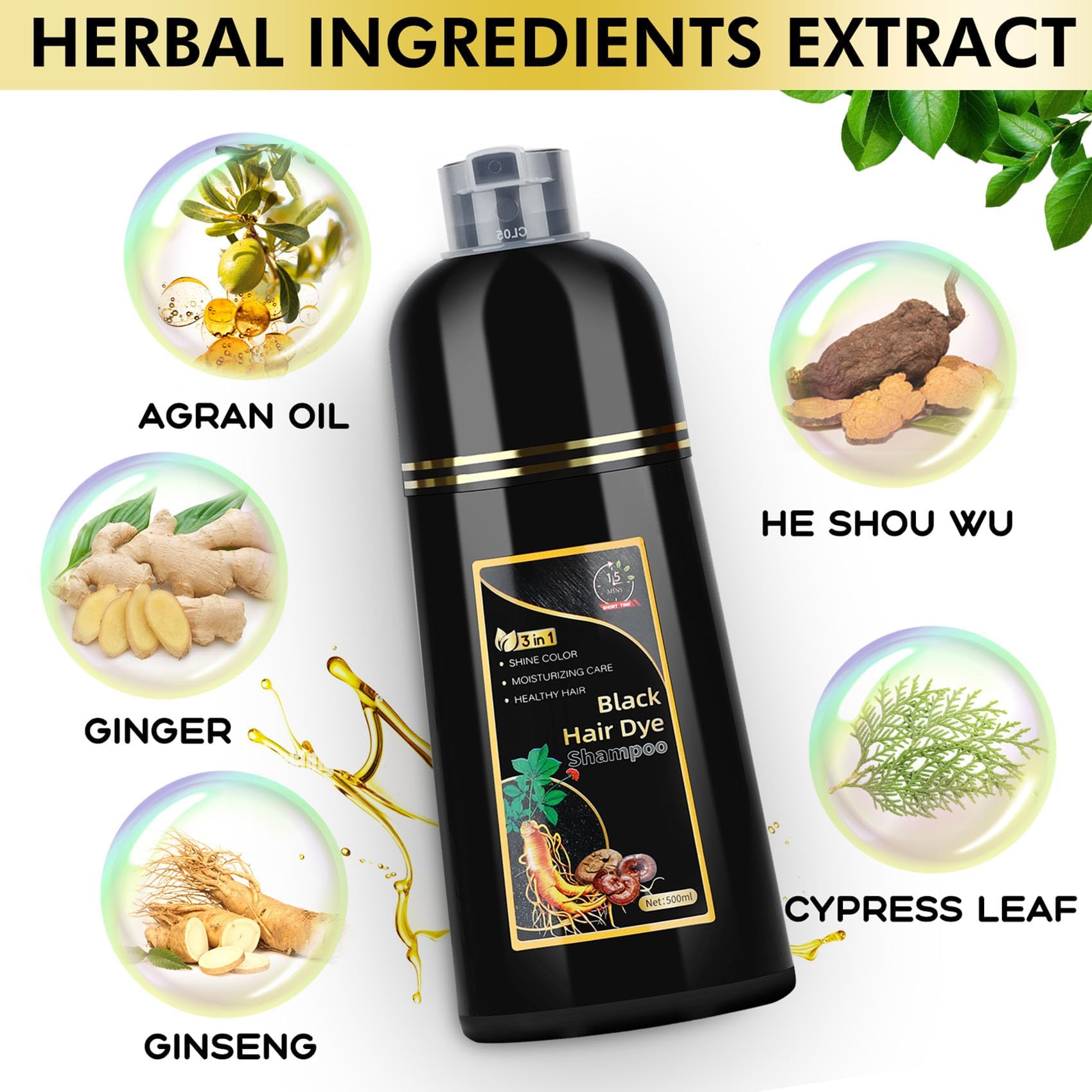 AUSGREER Black Hair Dye Shampoo 3 in 1 for Women & Men Gray Hair Coverage, Hair Color Shampoo,Herbal Ingredients Long Lasting Color 16.9Fl Oz(500ML)