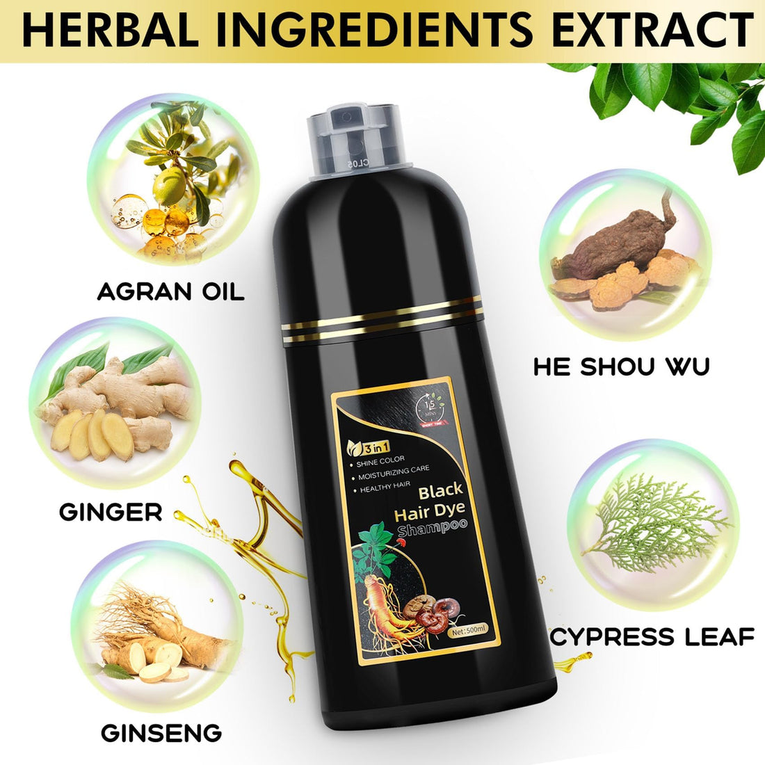 AUSGREER Black Hair Dye Shampoo 3 in 1 for Women & Men Gray Hair Coverage, Hair Color Shampoo,Herbal Ingredients Long Lasting Color 16.9Fl Oz(500ML)