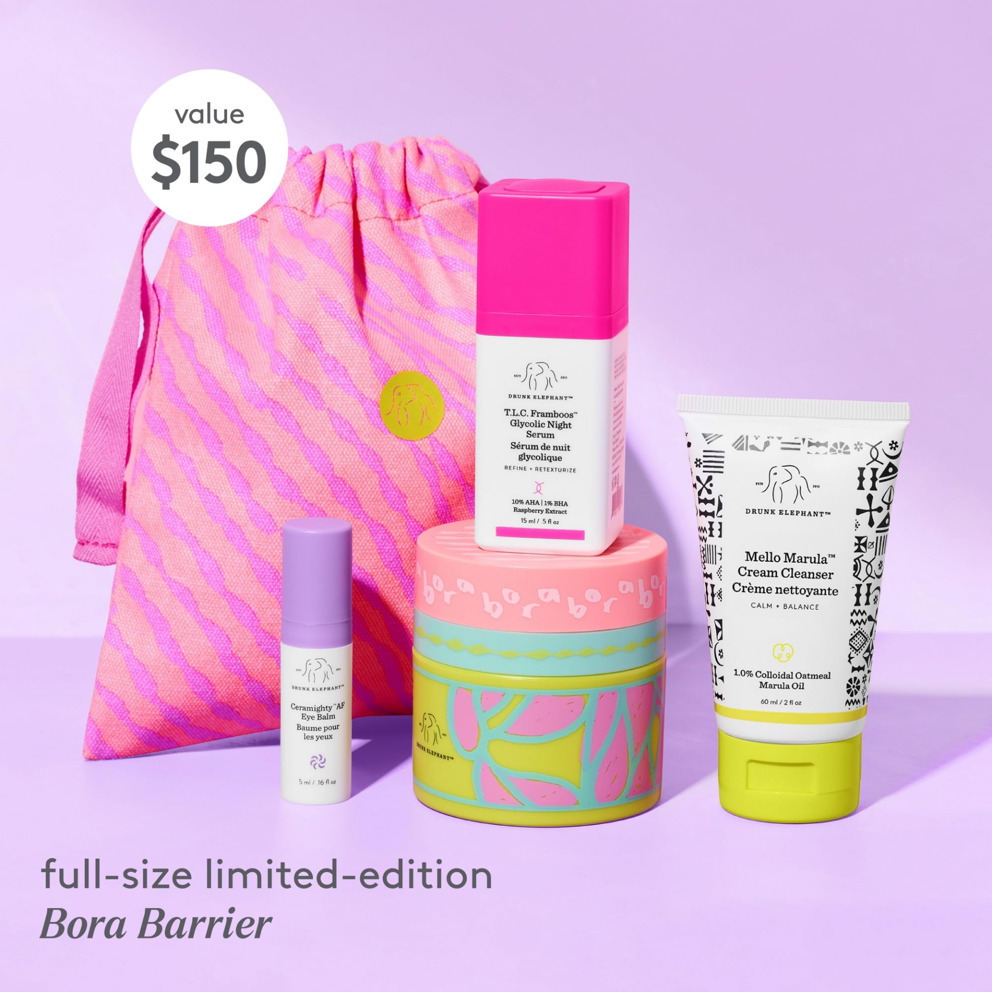Drunk Elephant Opening Night Kit - Bora Barrier Cream (50ml/1.69 fl oz), Mello Marula Cream Cleanser (60ml/2 fl oz), TLC Framboos Glycolic Night Serum (15ml/.5 oz), Ceramighty Cream (5ml/.16 fl oz)