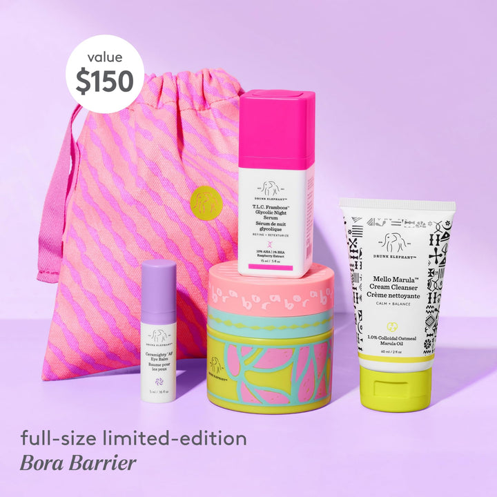 Drunk Elephant Opening Night Kit - Bora Barrier Cream (50ml/1.69 fl oz), Mello Marula Cream Cleanser (60ml/2 fl oz), TLC Framboos Glycolic Night Serum (15ml/.5 oz), Ceramighty Cream (5ml/.16 fl oz)