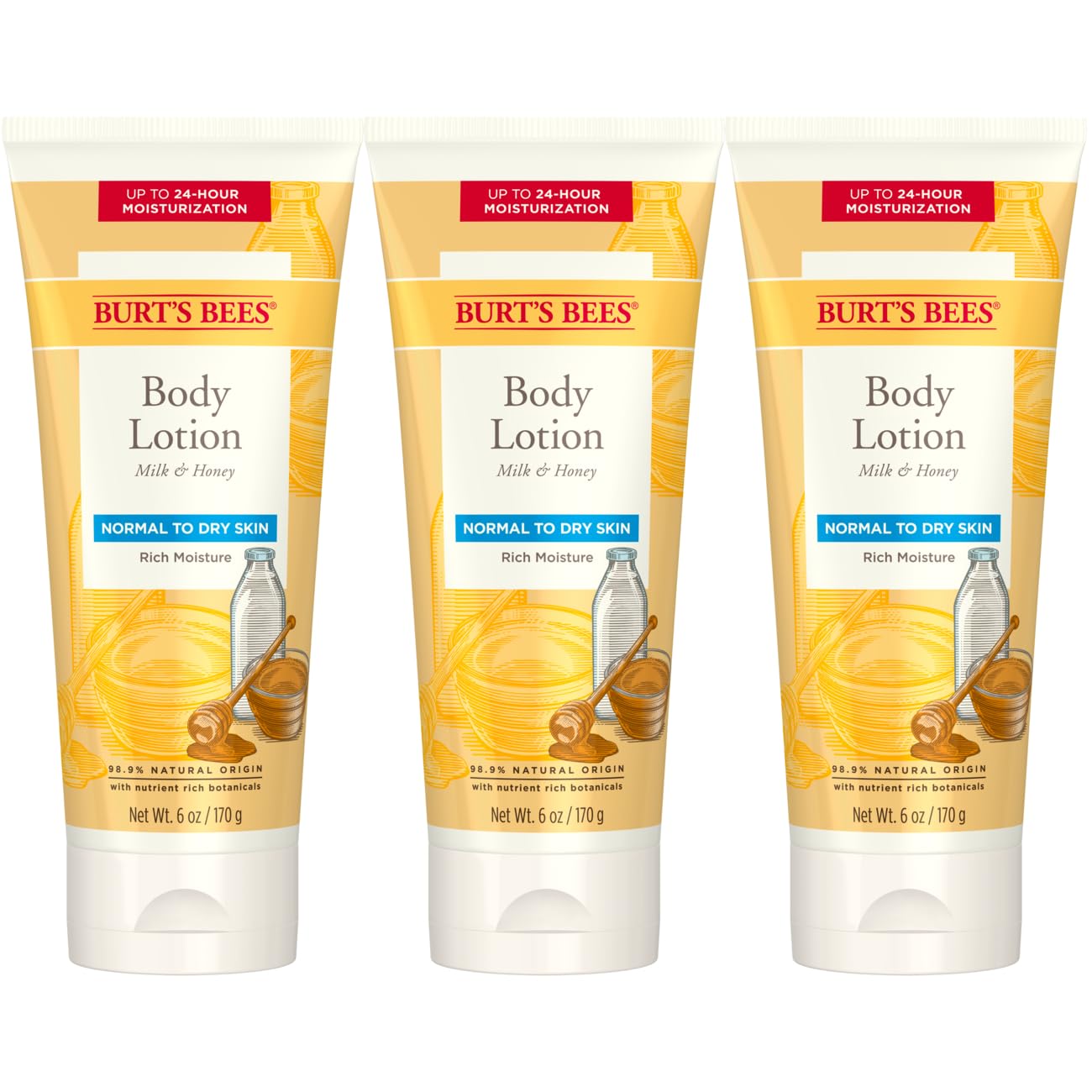 Burt's Bees, Body Lotion with Milk and Honey, Moisturizing Lotion for Normal to Dry Skin, 98.6% Natural Origin Skin Care, 6 oz Bottle (3-Pack)