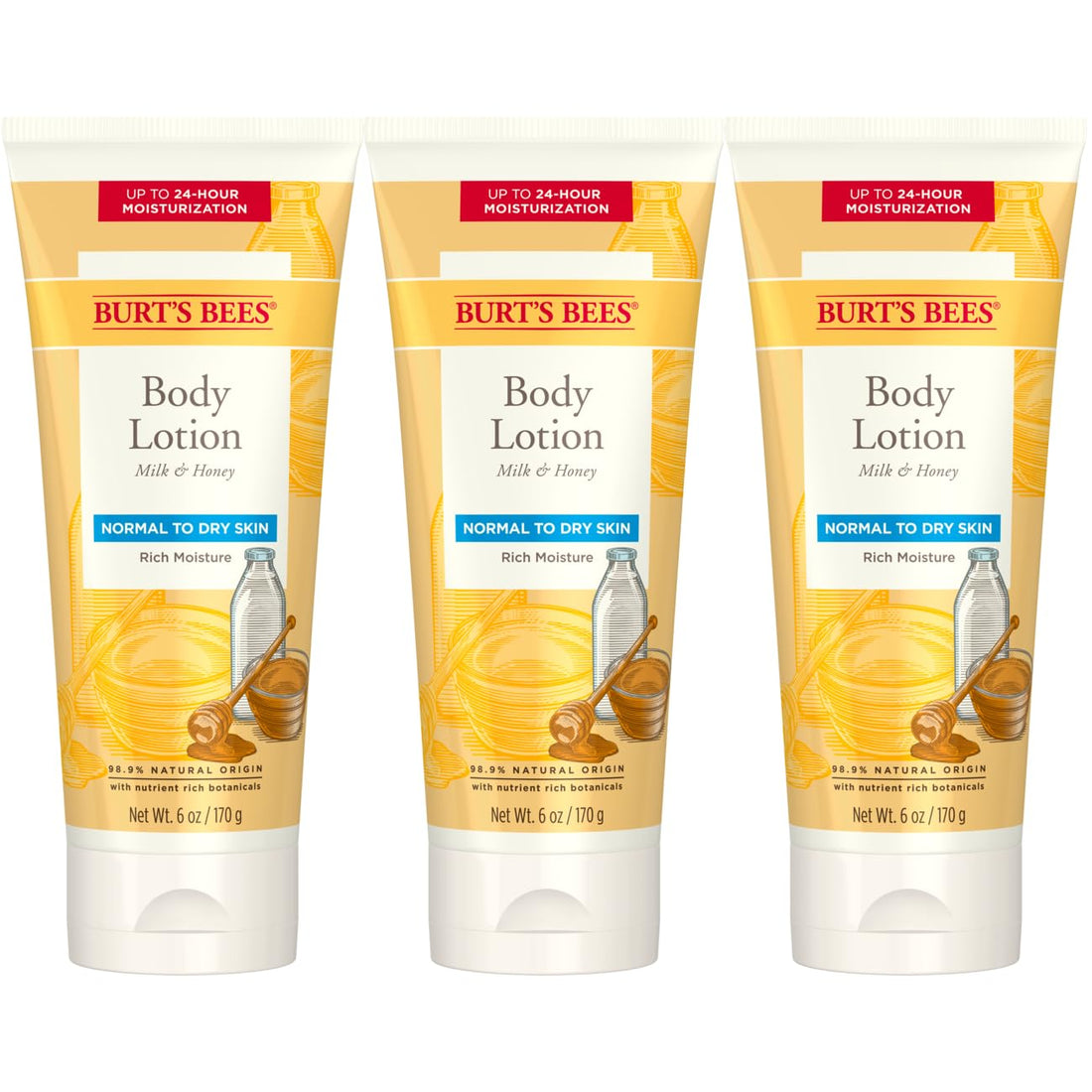 Burt's Bees, Body Lotion with Milk and Honey, Moisturizing Lotion for Normal to Dry Skin, 98.6% Natural Origin Skin Care, 6 oz Bottle (3-Pack)